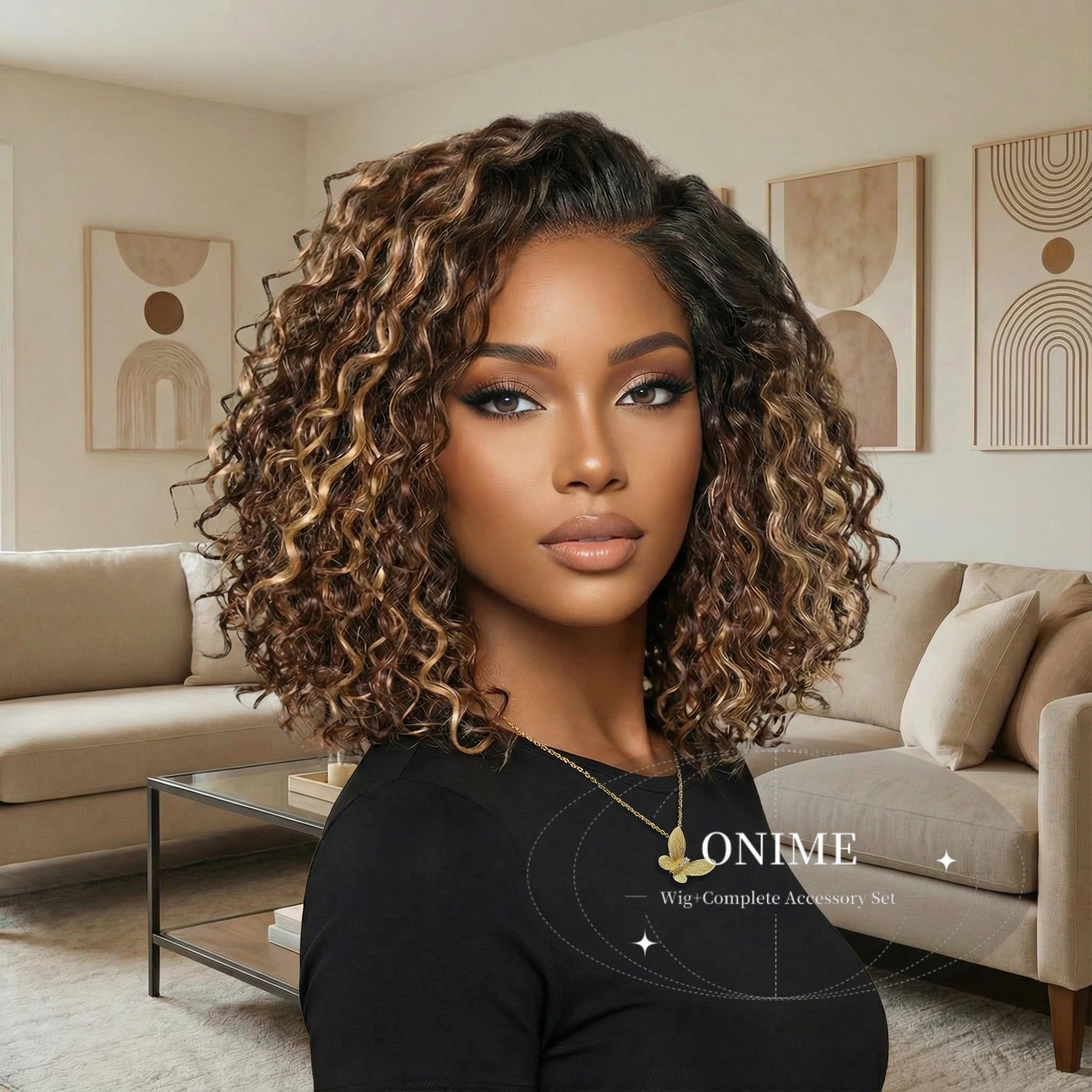 Ready to Go Blonde Highlight / Natural Black Water Wave Short Curly Bob Wig Glueless Minimalist HD Lace Wig Pre-Cut Lace