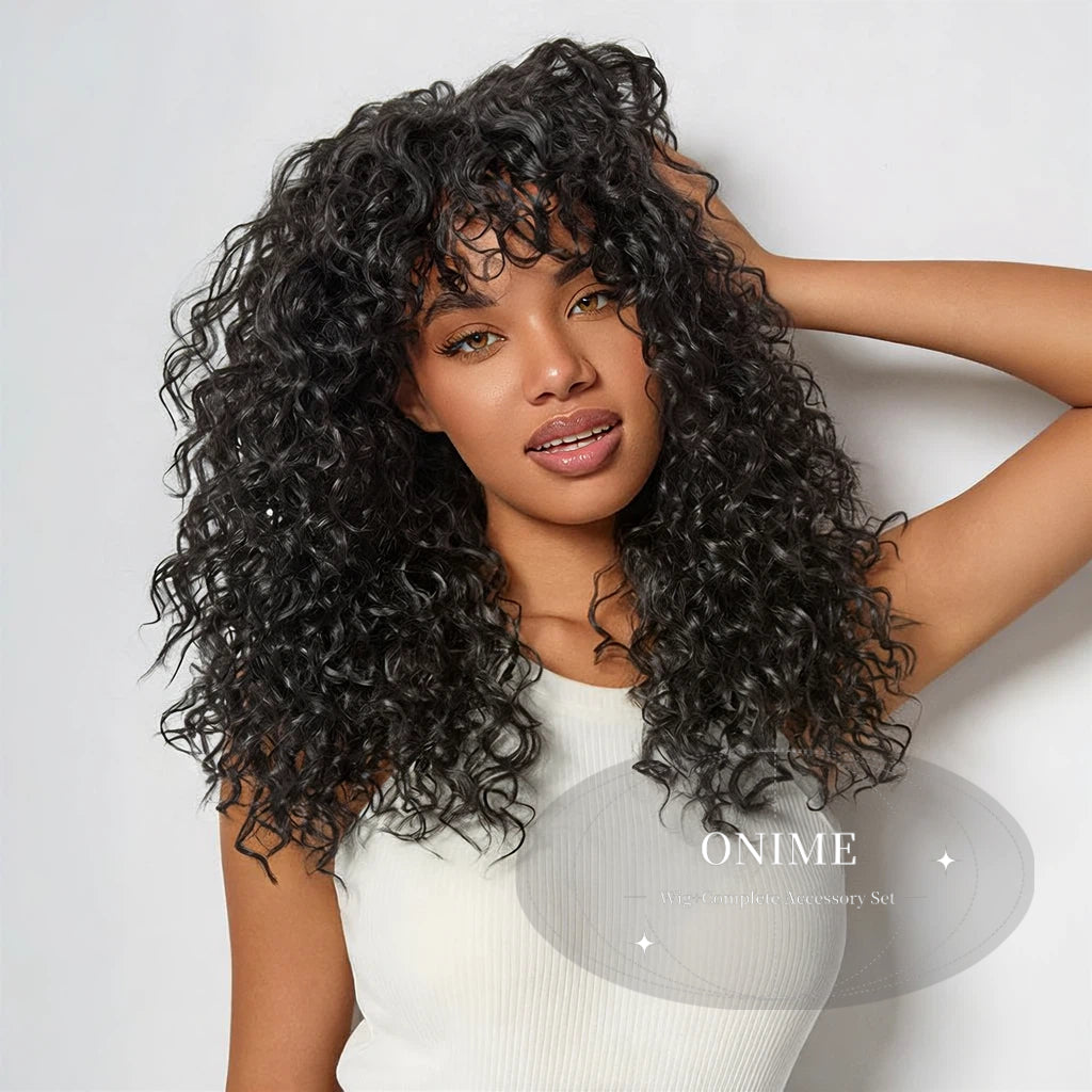 Put on and Go Boho Curly Blend Human Hair Wig with Bangs Effortless Shaggy Waves