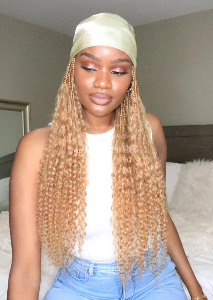 Crochet Boho Box Braids Baseball Cap Hat Wig Bohemian with Human Hair Curly Ends Braided Hair Extensions