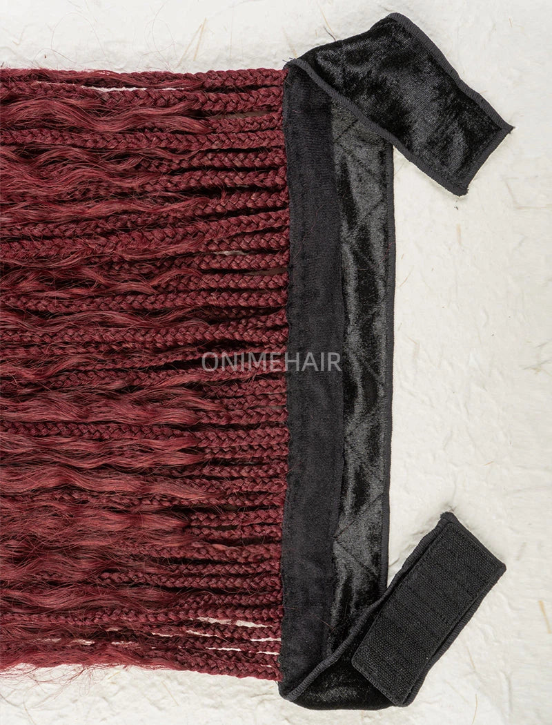 Crochet Boho Box Braids Band Wig Bohemian with Human Hair Curly Ends Braided Hair Extensions Color #99J Burgundy