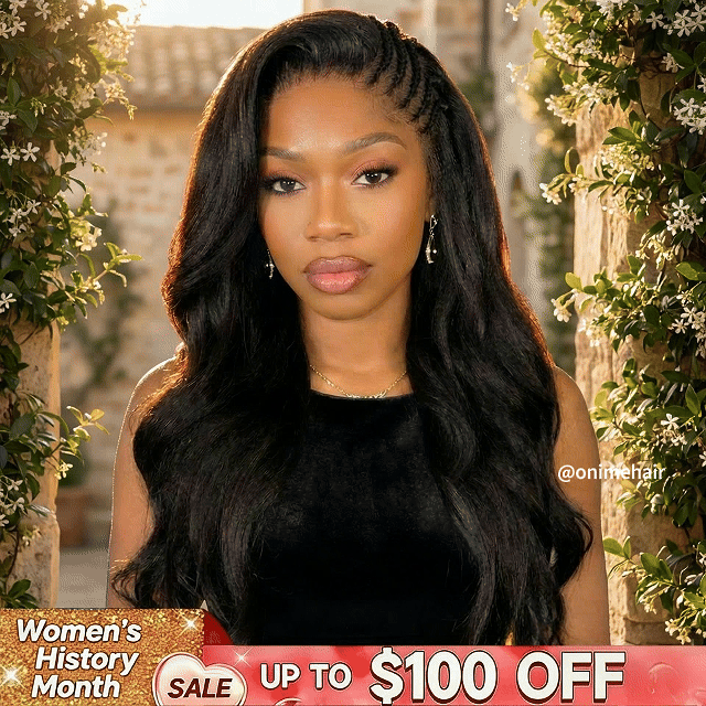 Side Braided Yaki Body Wave Glueless Ear-to-ear 13x6 Frontal HD Lace Wig Human Hair Flexi-Fit Drawstring Cap - Onime Hair