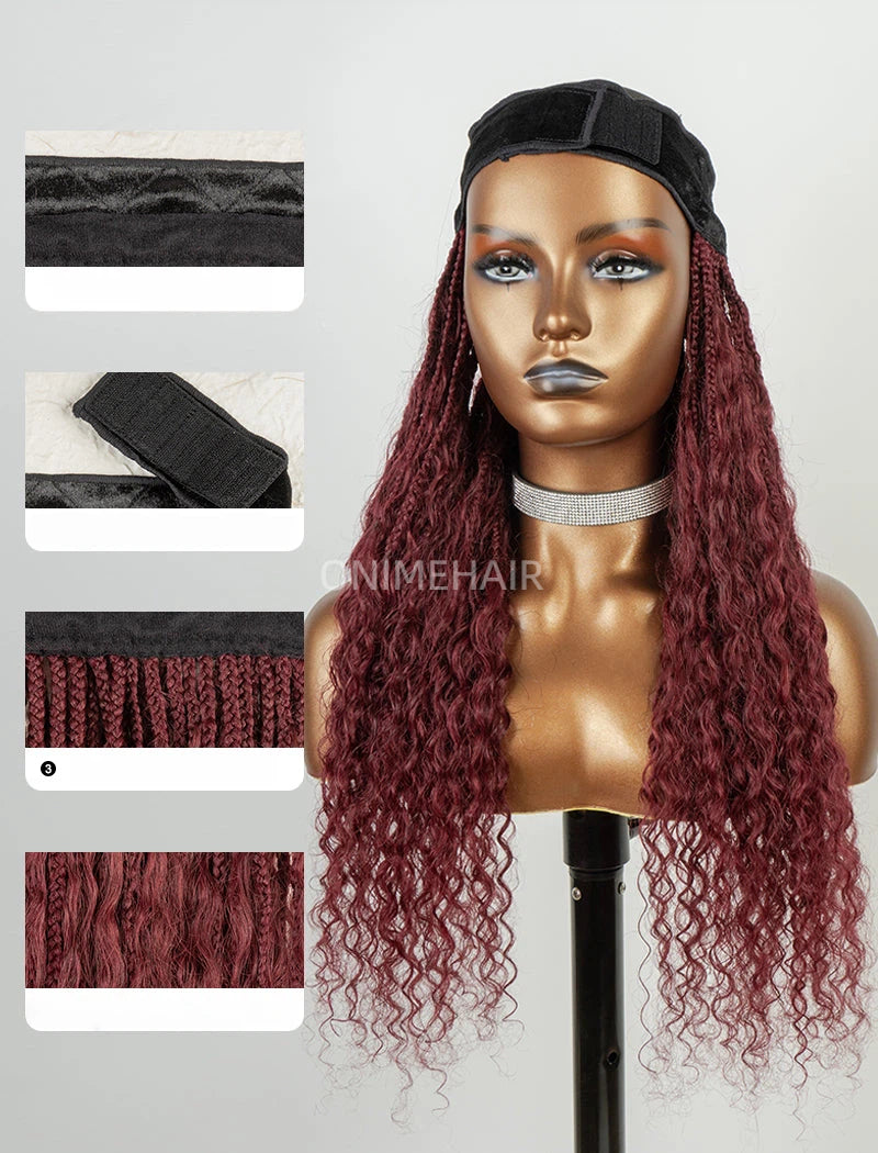 Crochet Boho Box Braids Band Wig Bohemian with Human Hair Curly Ends Braided Hair Extensions Color #99J Burgundy