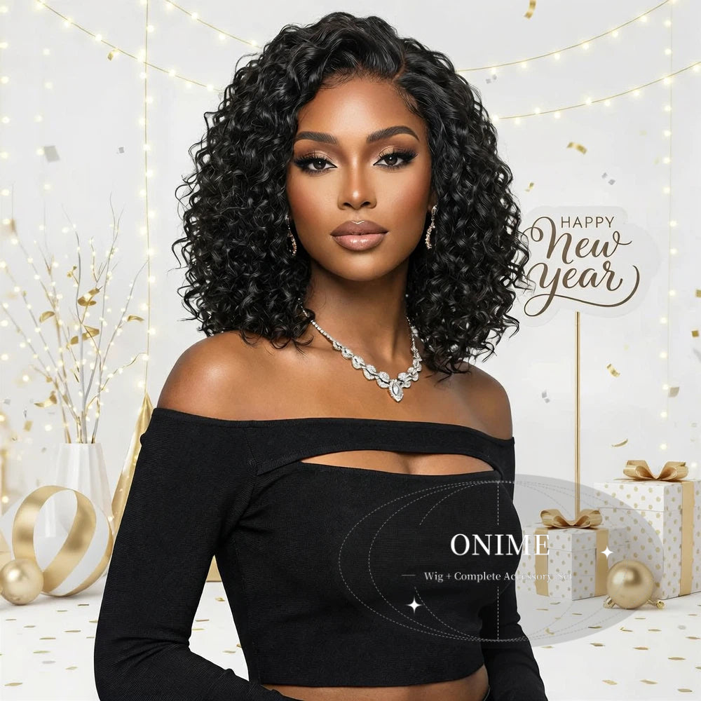 Ready to Go Blonde Highlight / Natural Black Water Wave Short Curly Bob Wig Glueless Minimalist HD Lace Wig Pre-Cut Lace