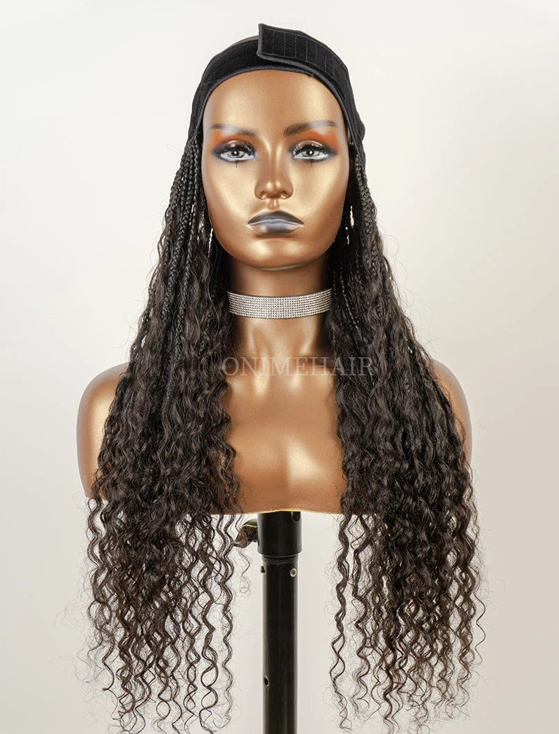 Crochet Boho Box Braids Band Wig Bohemian with Human Hair Curly Ends Braided Hair Extensions Natural Black