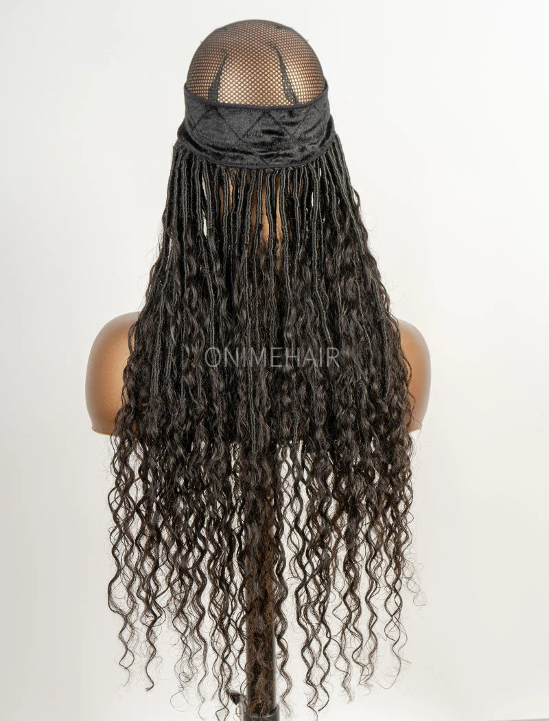 Crochet Boho Locs Band Wig with Human Hair Deep Curls  Hair Extensions Natural Black