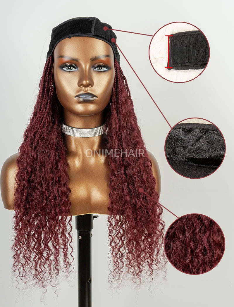 Crochet Boho Box Braids Band Wig Bohemian with Human Hair Curly Ends Braided Hair Extensions Color #99J Burgundy