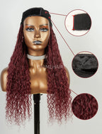 Crochet Boho Box Braids Band Wig Bohemian with Human Hair Curly Ends Braided Hair Extensions Color #99J Burgundy