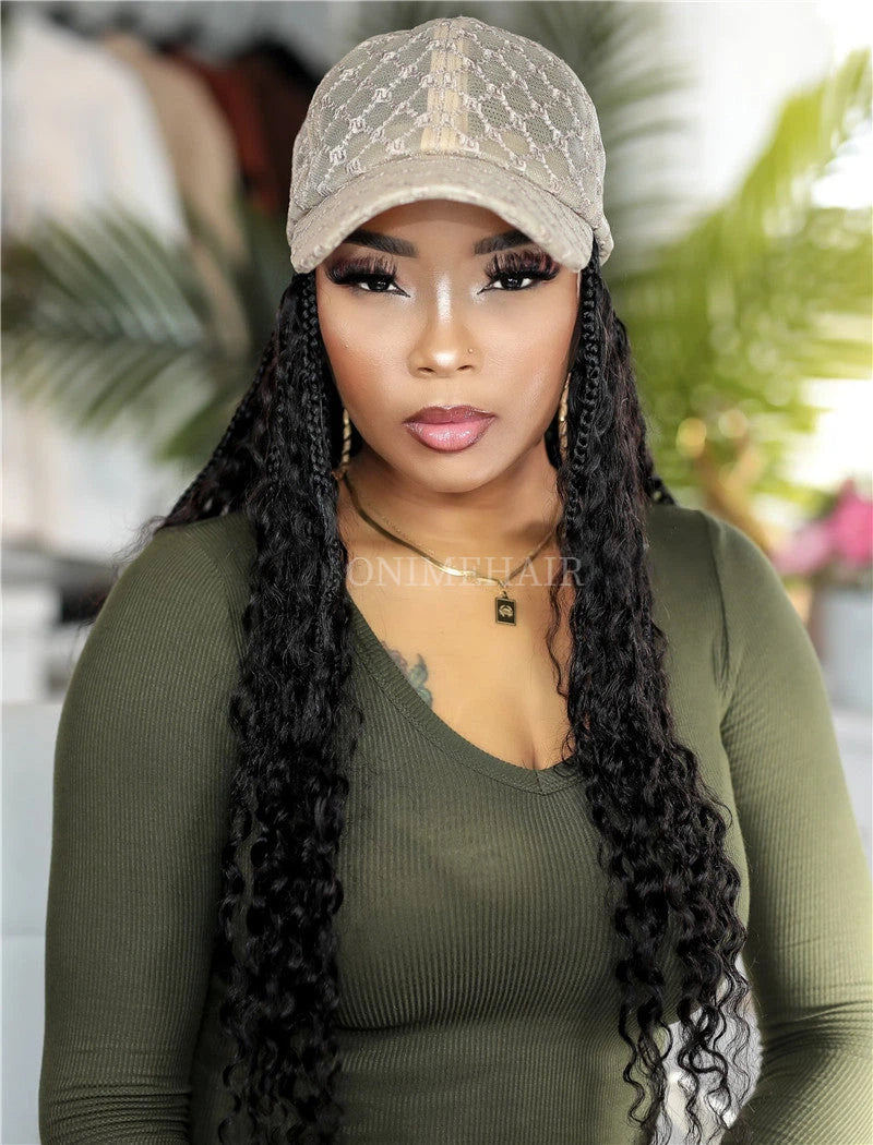 Crochet Boho Box Braids Band Wig Bohemian with Human Hair Curly Ends Braided Hair Extensions Natural Black