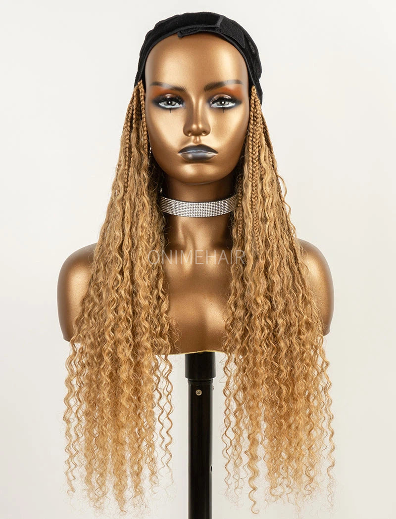 Crochet Boho Box Braids Baseball Cap Hat Wig Bohemian with Human Hair Curly Ends Braided Hair Extensions