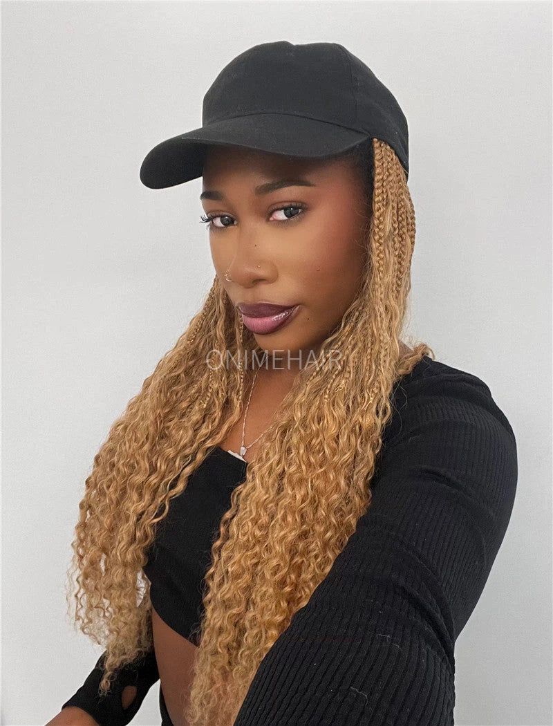 Crochet Boho Box Braids Baseball Cap Hat Wig Bohemian with Human Hair Curly Ends Braided Hair Extensions