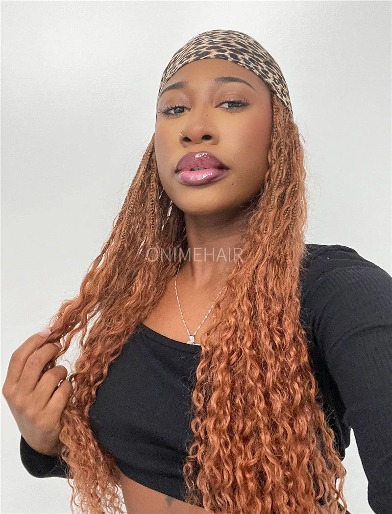 Crochet Boho Box Braids Band Wig Bohemian with Human Hair Curly Ends Braided Hair Extensions Color #30