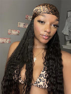 Crochet Boho Box Braids Band Wig Bohemian with Human Hair Curly Ends Braided Hair Extensions Natural Black