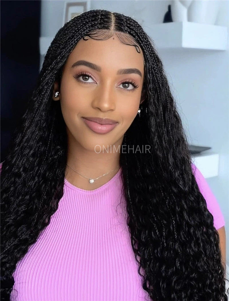 Human Hair Full Lace Braided Wig Glueless Middle Parts Small Boho Knotless Braids