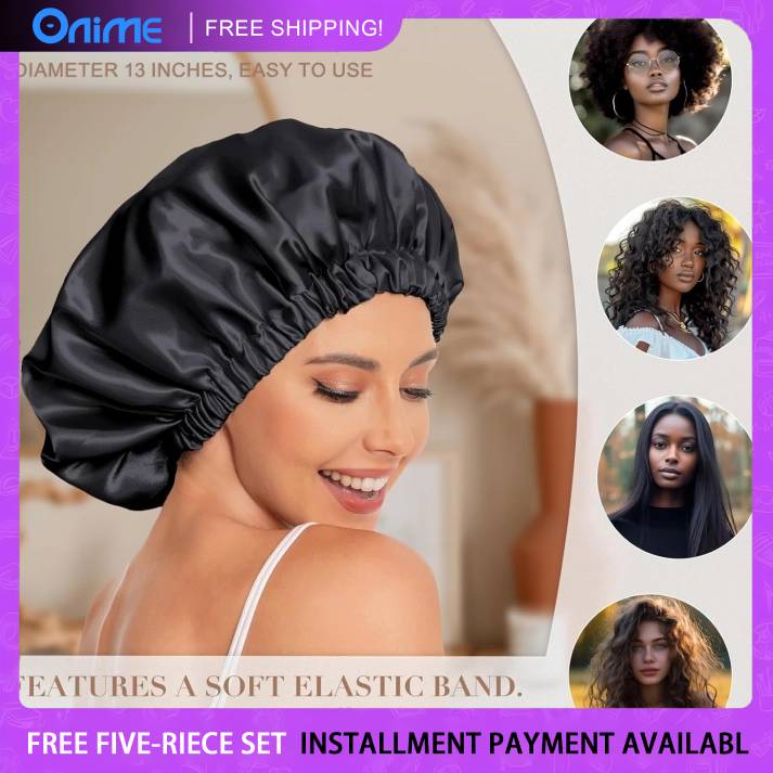 Onimehair™Satin Bonnet Silk Bonnet Hair Bonnet for Sleeping-Slouchy Beanie Hat Satin Sleep Cap for Women's Natural & Curly Hair(Black&Gray)