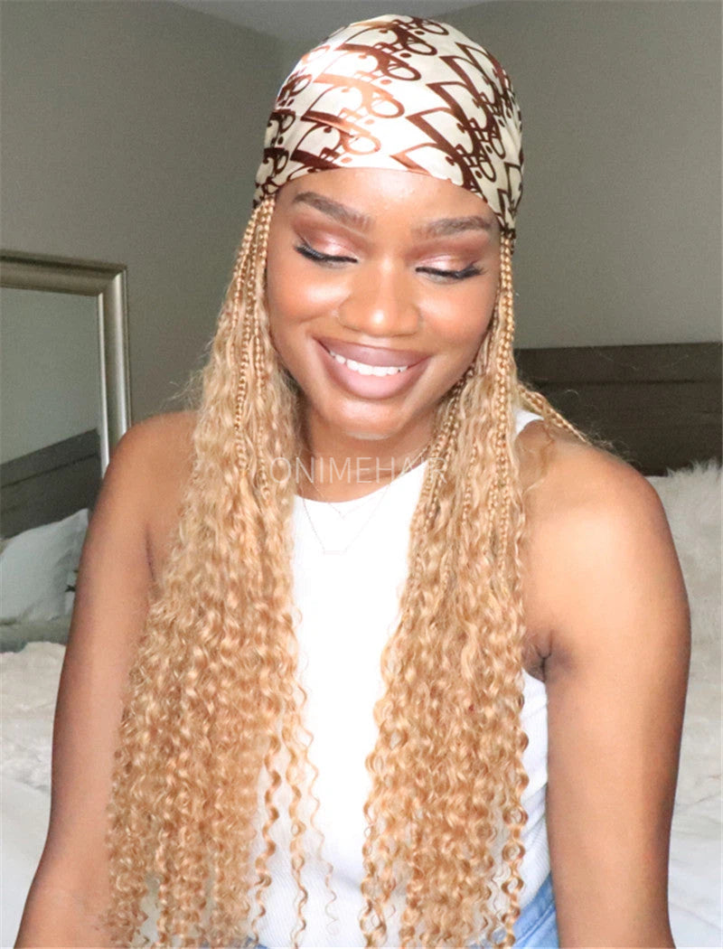 Crochet Boho Box Braids Baseball Cap Hat Wig Bohemian with Human Hair Curly Ends Braided Hair Extensions