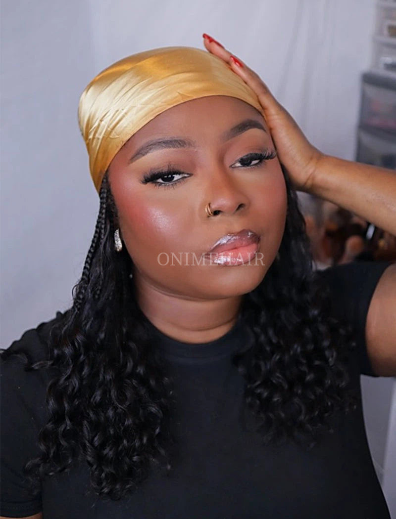 Crochet Boho Box Braids Band Wig Bohemian with Human Hair Curly Ends Braided Hair Extensions Natural Black