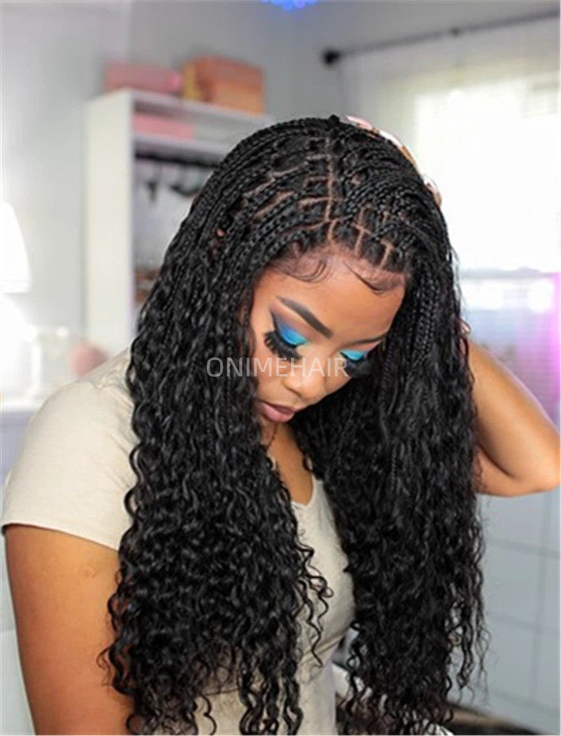 Human Hair Full Lace Braided Wig Glueless Small Boho Knotless Braids With Baby Hair