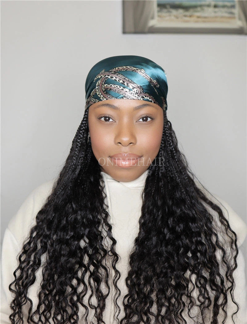 Crochet Boho Box Braids Band Wig Bohemian with Human Hair Curly Ends Braided Hair Extensions Natural Black