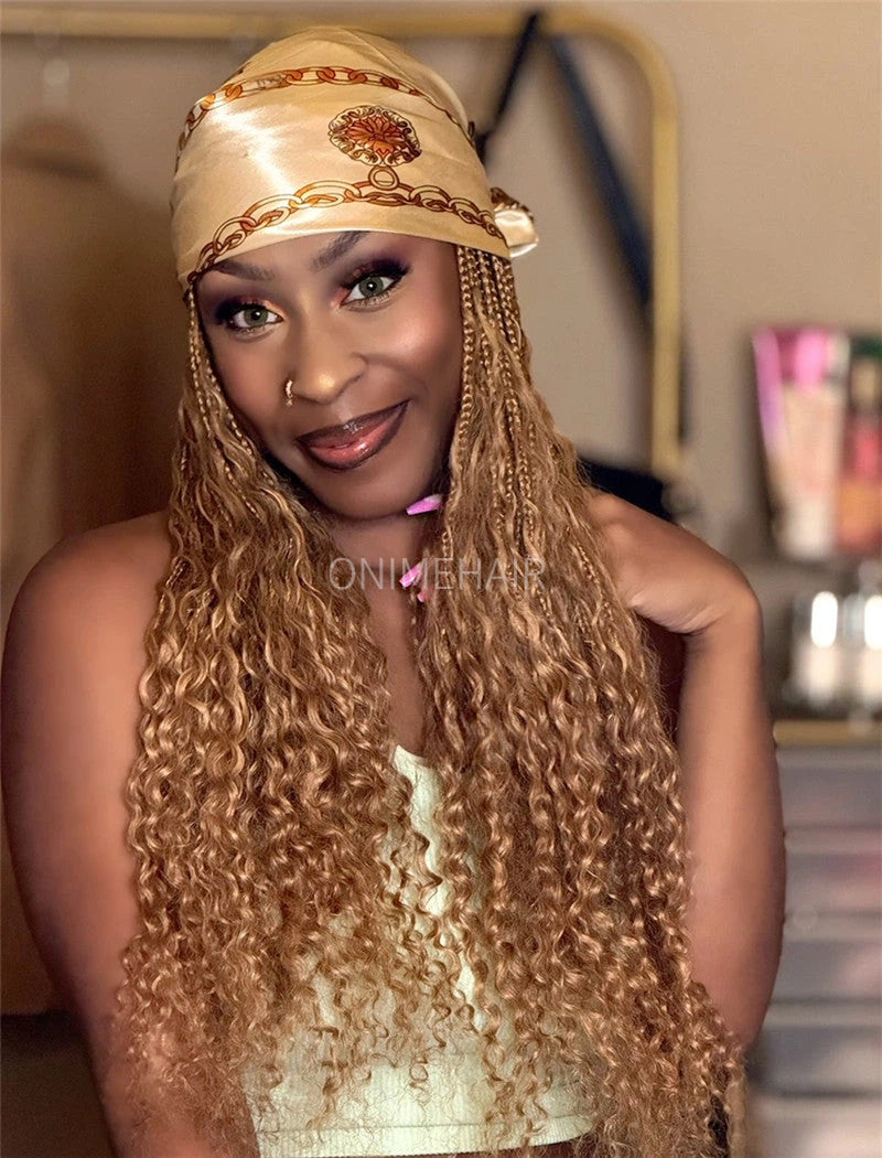 Crochet Boho Box Braids Baseball Cap Hat Wig Bohemian with Human Hair Curly Ends Braided Hair Extensions