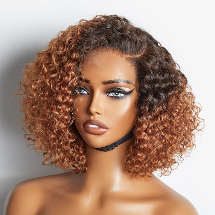 Onimehair™Trendy Mix Brown Short Cut Curly Minimalist HD Lace Glueless Side Part Curly Bob Wig 100% Human Hair