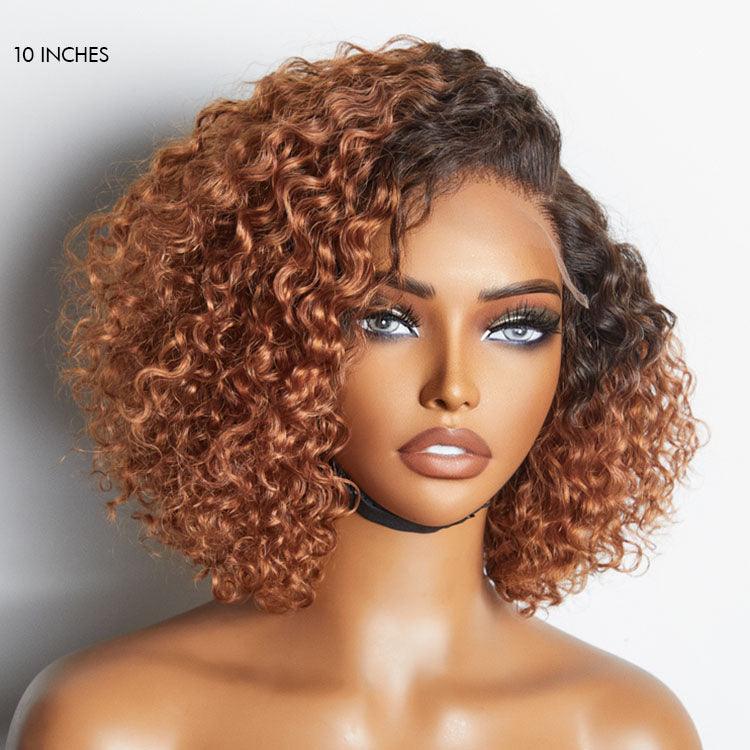 Onimehair™Trendy Mix Brown Short Cut Curly Minimalist HD Lace Glueless Side Part Curly Bob Wig 100% Human Hair