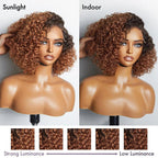 Onimehair™Trendy Mix Brown Short Cut Curly Minimalist HD Lace Glueless Side Part Curly Bob Wig 100% Human Hair
