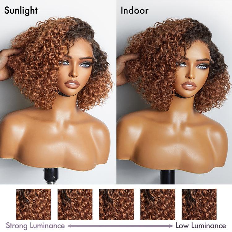 Onimehair™Trendy Mix Brown Short Cut Curly Minimalist HD Lace Glueless Side Part Curly Bob Wig 100% Human Hair