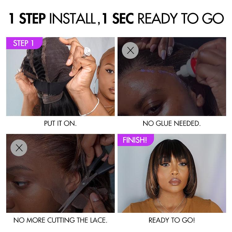 Onimehair™Put On and Go Reddish Purple / Ash Blonde Highlight / Brown Highlight / Natural Black Layered Cut Yaki Straight Minimalist Lace Bob Wig