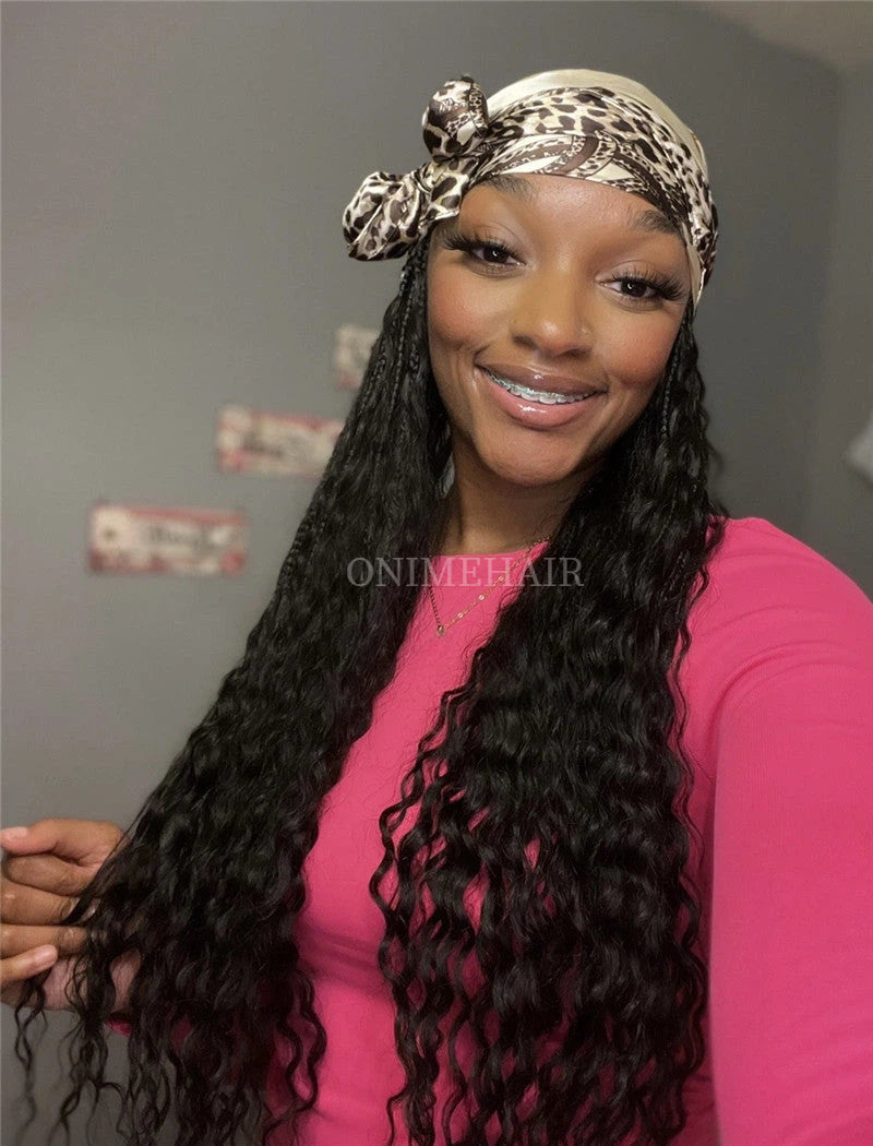 Crochet Boho Box Braids Band Wig Bohemian with Human Hair Curly Ends Braided Hair Extensions Natural Black