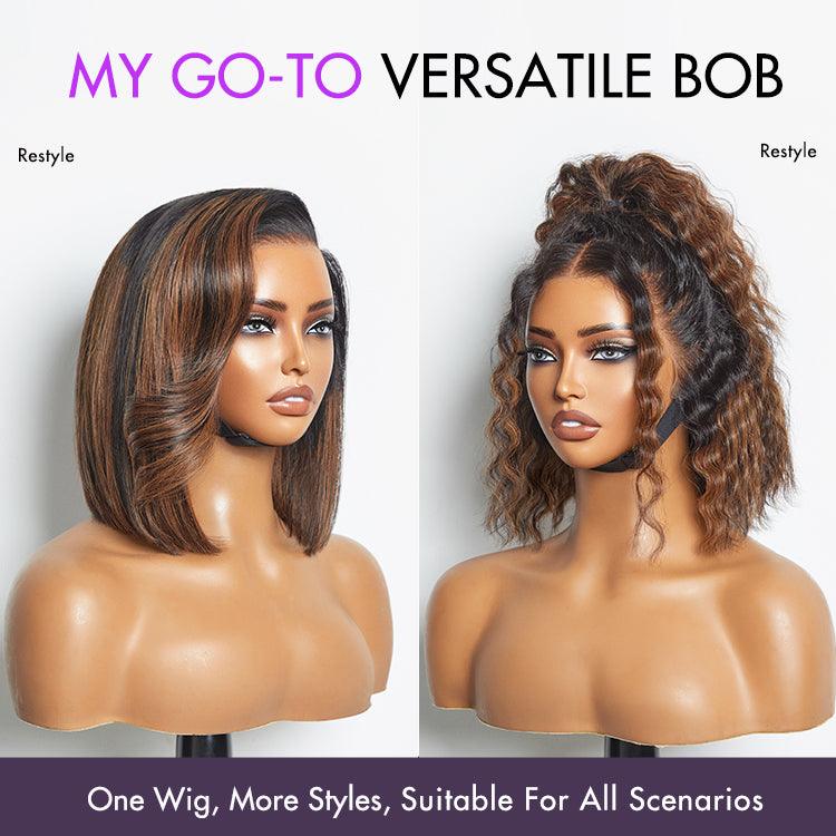 Onimehair™PreMax Wigs | Natural Looking Brown Highlight Silky Blunt Cut Bob Glueless 13x4 Frontal Pre-Cut Lace Wig