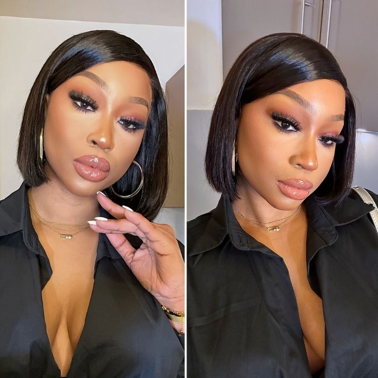 Onimehair™Swoop Bangs Breathable Cap Deep Left C Part Silky Straight Glueless 5x5 Closure Lace Bob Wig