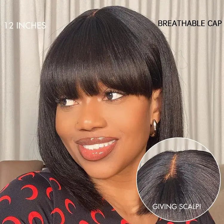 Onimehair™Put On and Go Reddish Purple / Ash Blonde Highlight / Brown Highlight / Natural Black Layered Cut Yaki Straight Minimalist Lace Bob Wig