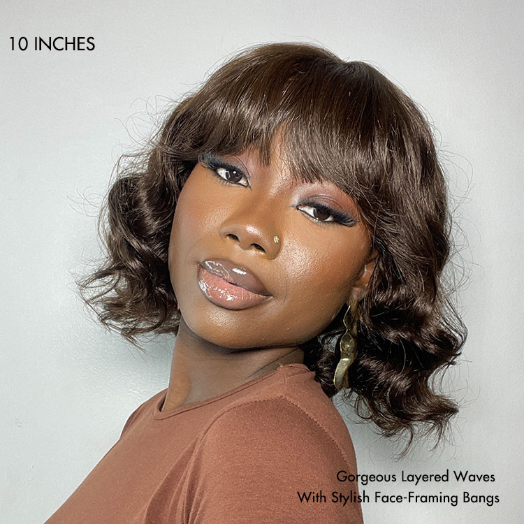 Onimehair™Beginner Friendly Brown Loose Wave Glueless Minimalist Lace Shoulder Length Wavy Bob Wig with Bangs