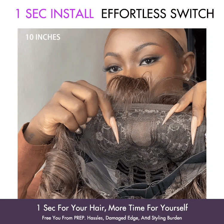 Onimehair™Beginner Friendly Brown Loose Wave Glueless Minimalist Lace Shoulder Length Wavy Bob Wig with Bangs