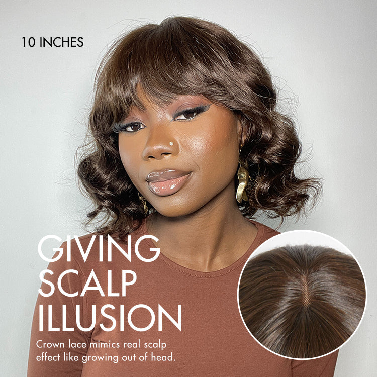 Onimehair™Beginner Friendly Brown Loose Wave Glueless Minimalist Lace Shoulder Length Wavy Bob Wig with Bangs