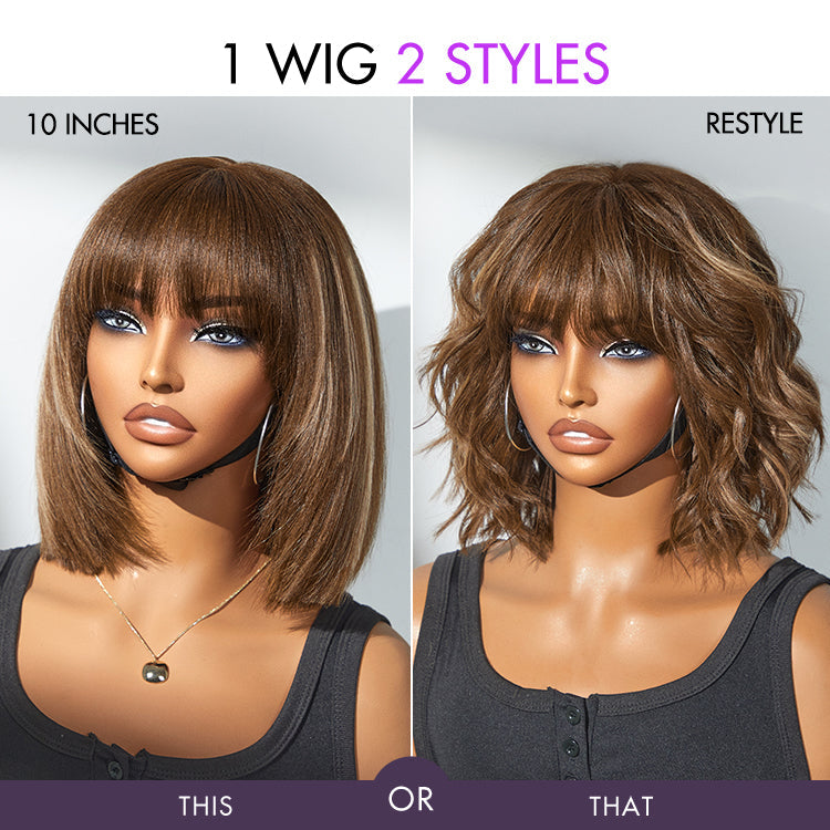 Onimehair™Put On and Go Reddish Purple / Ash Blonde Highlight / Brown Highlight / Natural Black Layered Cut Yaki Straight Minimalist Lace Bob Wig