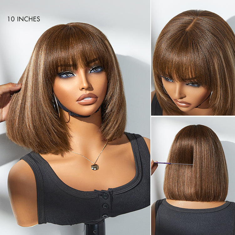 Onimehair™Put On and Go Reddish Purple / Ash Blonde Highlight / Brown Highlight / Natural Black Layered Cut Yaki Straight Minimalist Lace Bob Wig