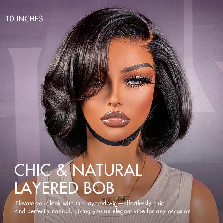 Onimehair™PreMax Wigs - Chic & Natural Layered Bob Wig Ear-to-Ear Wide T Lace Glueless Human Hair Wig Pre-Cut Lace