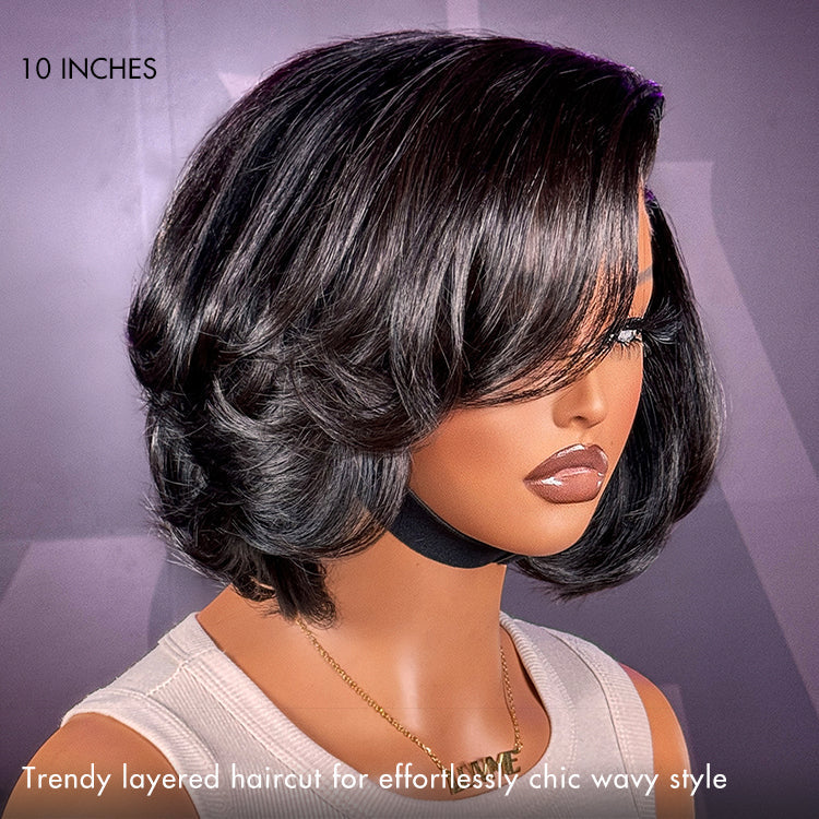 Onimehair™PreMax Wigs - Chic & Natural Layered Bob Wig Ear-to-Ear Wide T Lace Glueless Human Hair Wig Pre-Cut Lace