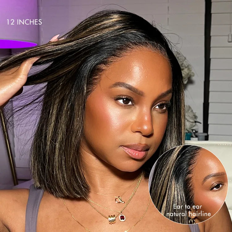 Onimehair™PreMax Wigs - Natural Black / Blonde Highlight C Part Glueless Lace Front Bob Wig