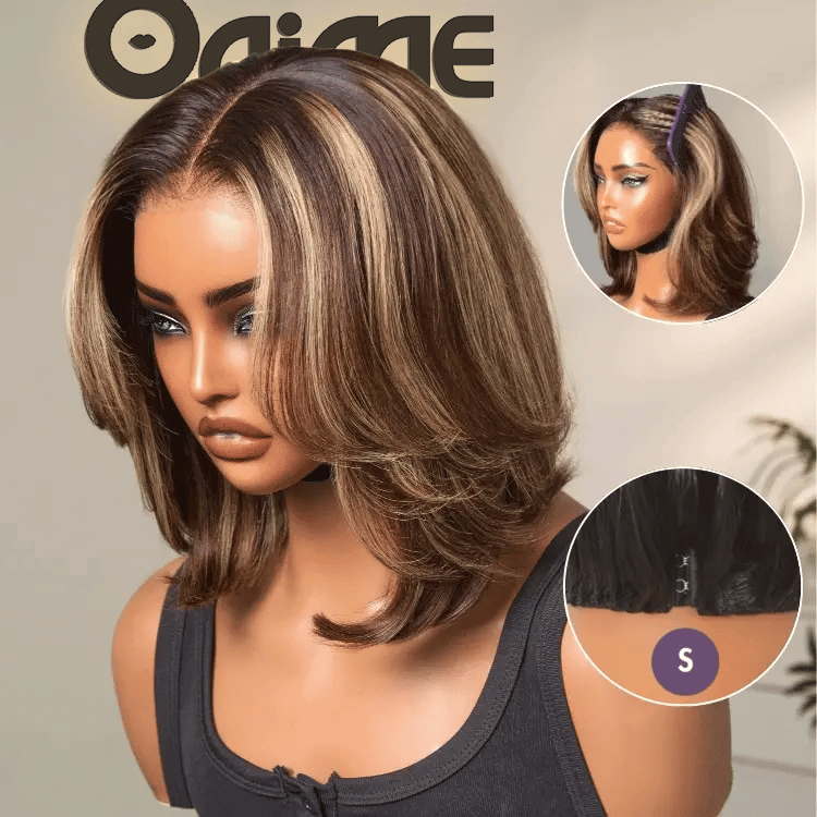 Blonde Highlight / Brown Highlight Short Layered Bob Wig Glueless 5x5 Closure Pre-Cut Lace Wig