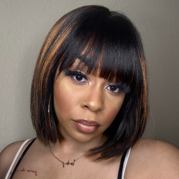 Onimehair™Put On and Go Reddish Purple / Ash Blonde Highlight / Brown Highlight / Natural Black Layered Cut Yaki Straight Minimalist Lace Bob Wig