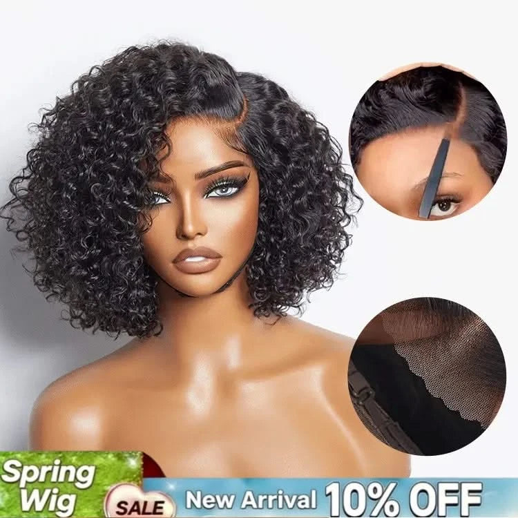 Trendy short curly HD lace glueless side part wig by mysite, made from 100% human hair with pre-cut lace for easy wear.
