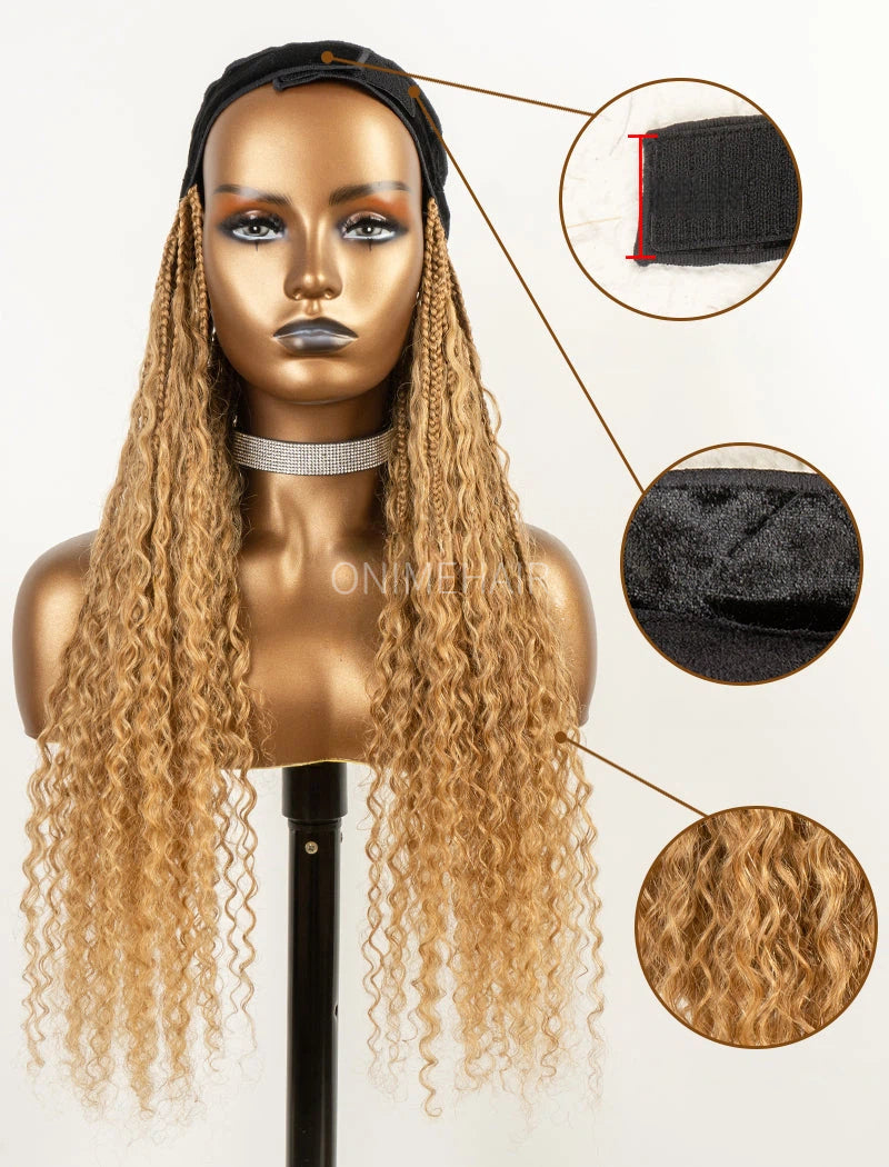 Crochet Boho Box Braids Baseball Cap Hat Wig Bohemian with Human Hair Curly Ends Braided Hair Extensions