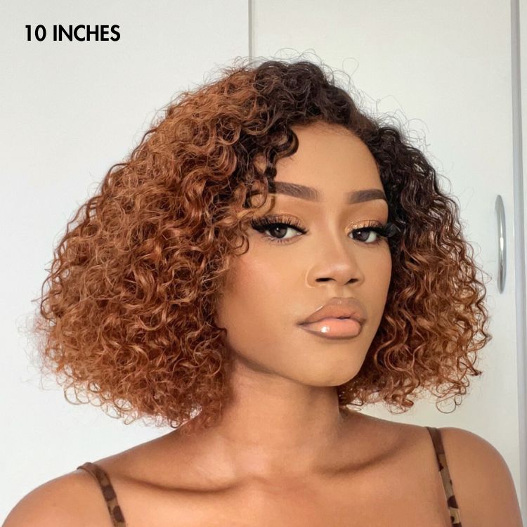 Onimehair™Trendy Mix Brown Short Cut Curly Minimalist HD Lace Glueless Side Part Curly Bob Wig 100% Human Hair