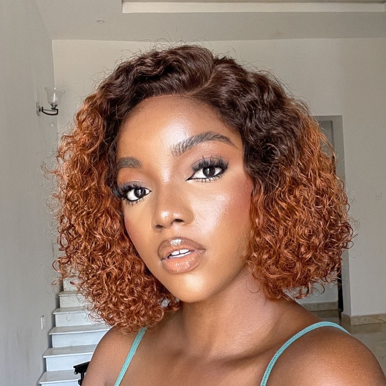 Onimehair™Trendy Mix Brown Short Cut Curly Minimalist HD Lace Glueless Side Part Curly Bob Wig 100% Human Hair