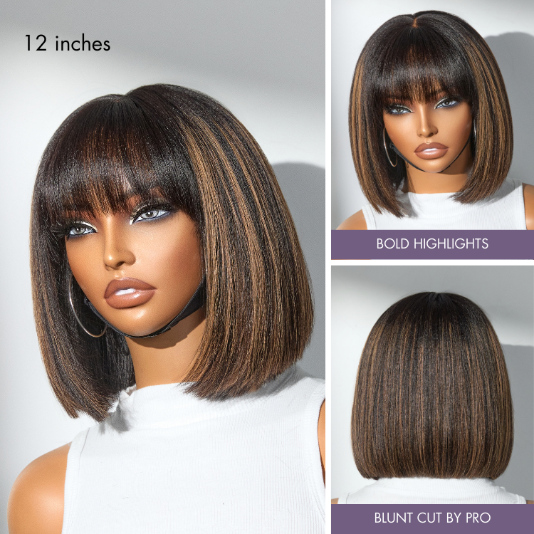 New Year Only | Put On and Go Realistic Glueless Yaki Straight Bob with Bangs Minimalist Lace Wig 100% Human Hair
