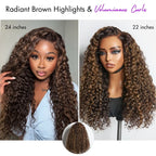 All-Day Comfort™ Wig PartingMax Brown Highlights Funmi Curly 5x5 Closure HD Lace Glueless Wig Pre Cut Lace
