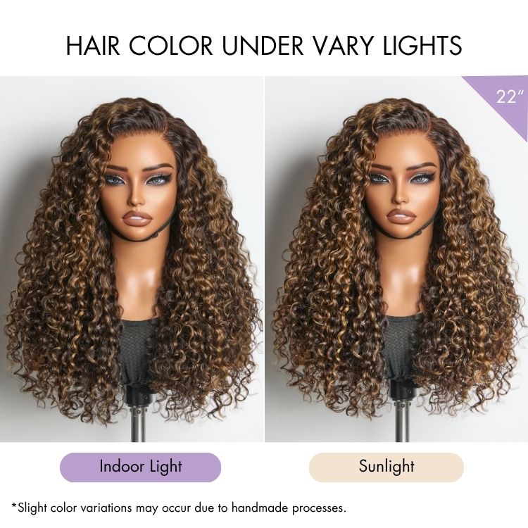 All-Day Comfort™ Wig PartingMax Brown Highlights Funmi Curly 5x5 Closure HD Lace Glueless Wig Pre Cut Lace