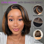 Onimehair™ Brown Highlight Layered Bob Blowout Glueless 5x5 Lace Closure Wig 100% Human Hair Pre-Cut Lace